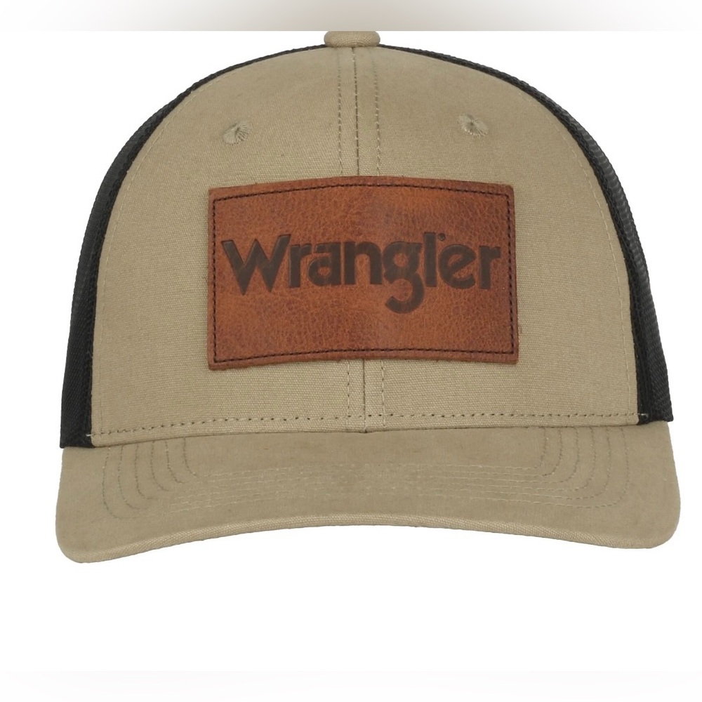 NWT Wrangler Trucker Hat Tan Black Mesh Snapback Leather Patch Cap OSFM